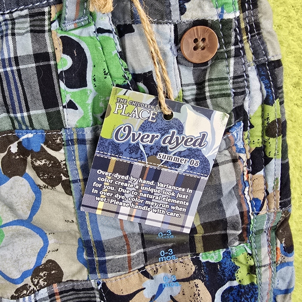 NWT 0-3M UNISEX Blue Green Plaid Floral Patchwork Overalls HAND DYED 2008 (Q9) - Picture 5 of 6